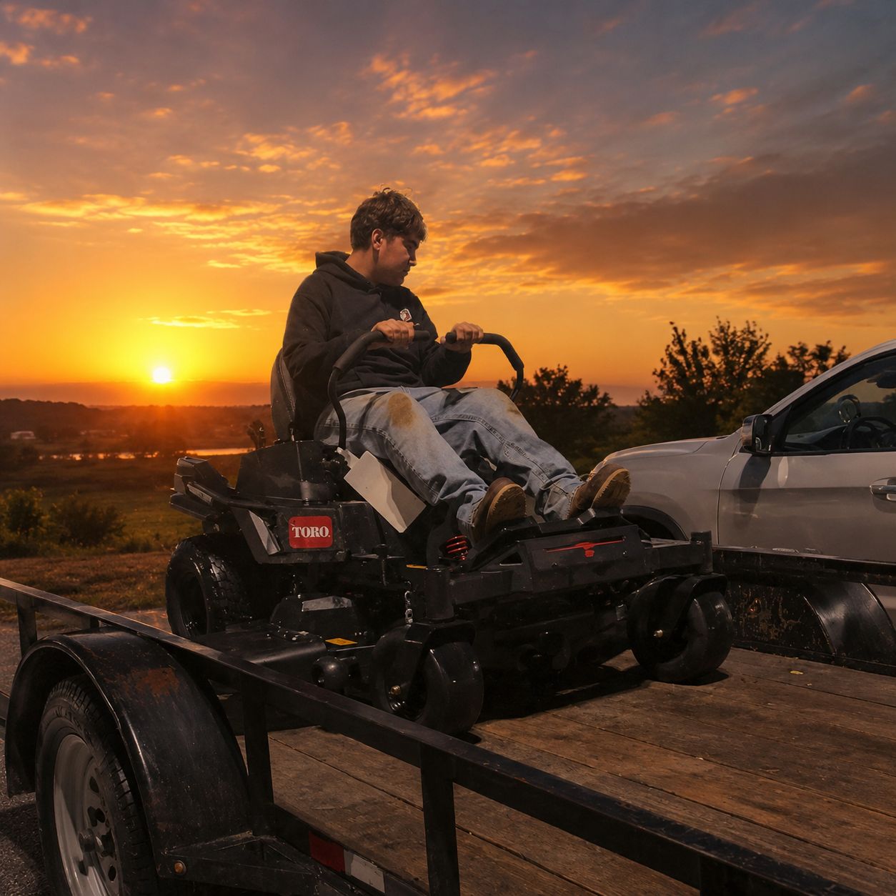 Brian Bautista, owner of 0101 Equipment Rentals, on a trailer at sunset in Tulsa, Oklahoma